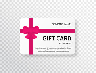 Gift card with pink bow and ribbon on transparent background. Gift voucher. Credit card design template. Shopping certificate. Vector Illustration