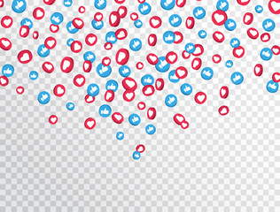 Like and thumbs up icons falling on transparent background. 3d social network symbol. Counter notification icons. Social media elements. Emoji reactions. Vector illustration