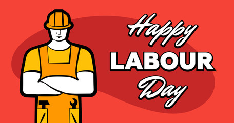 Worker man in yellow construction helmet and inscription Happy labour day. 1 may greeting card. Poster or banner vector illustration