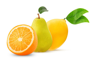Orange fruit cut in half, pear and lemon with leaf