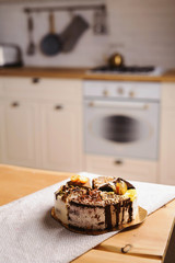 Assortment of pieces of cake on messy table, copy space. Several slices of delicious desserts, restaurant menu concept, top view © ANR Production