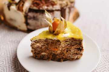 Assortment of pieces of cake on messy table, copy space. Several slices of delicious desserts, restaurant menu concept, top view