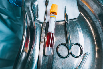 Surgical tray with medical equipment for blood taking