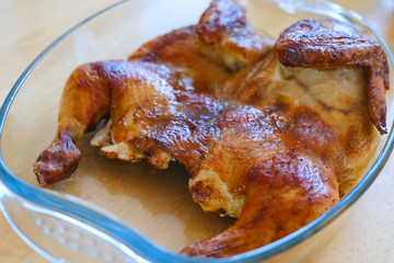 Fried chicken. Roast bird for dinner. Diet.