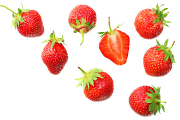 Strawberry with slices isolated on white background. top view