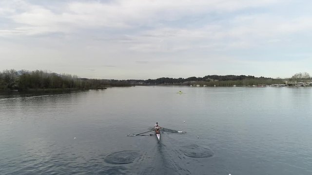 4K drone footage of rowing boats competing on the pond of Banyoles, a small city of Catalonia