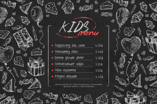 Kids birthday menu vector template, cute children birthday restaurant creative flyer, on black background. Chalk on blackboard hand drawn sketch style illustration Hand drawn vector illustration.