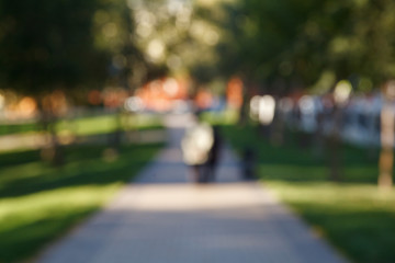 Abstract blurred background of the Park. People on the path, Sunny day, sun glare, bokeh. Defocused backdrop for design