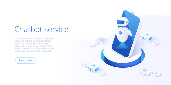 Chatbot or artificial intelligence network concept in isometric vector illustration. Neuronet or ai technology background with robot head and connections of neurons. Web banner layout template.