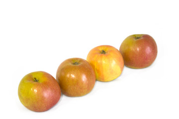 Apples red green yellow ripe on a white background.
