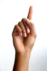 black african female hand gesturing - pointing, offensive sign, thumbs up, open hand