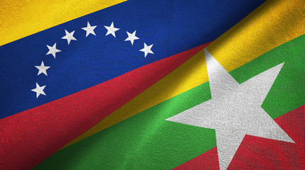 Venezuela and Myanmar two flags textile cloth, fabric texture