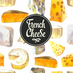 Seamless watercolor background with different noble cheeses: camembert, gouda, parmesan, blue, edammer, maasdam, brie, roquefort. Snack bar. Farm dairy products. Fresh organic food.