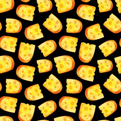 Seamless watercolor background with different noble cheeses: gouda, edammer, maasdam. Snack bar. Farm dairy products. Fresh organic food.