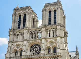 Notre-Dame de Paris (main towers), one of the finest examples of French Gothic architecture, Europe.