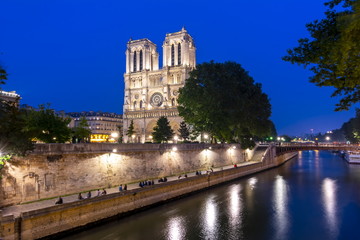 Fototapeta na wymiar Notre-Dame de Paris Cathedral and Cite island embankment at night, France