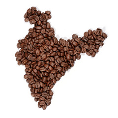 Whole bean coffee. Contour of the India is made of coffee beans isolated on white bbackground.