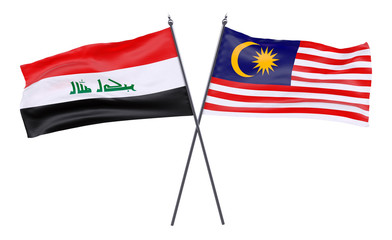 Iraq and Malaysia, two crossed flags isolated on white background. 3d image