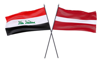 Iraq and Latvia, two crossed flags isolated on white background. 3d image