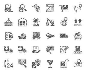 Shipping, flat badges, pencil hatching, monochrome, vector. Cargo transportation and delivery of goods. Gray icons on white background. Imitation of pencil hatching.  Vector clip art.  
