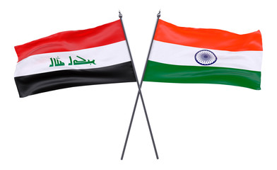 Iraq and India, two crossed flags isolated on white background. 3d image