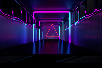 abstract background, square portal, glowing lines tunnel neon lights