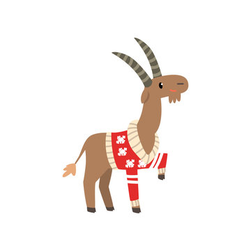 Goat symbol of New Year, cute animal of Chinese horoscope in Santa Claus costume vector Illustration on a white background