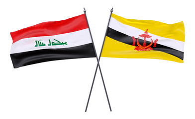 Iraq and Brunei, two crossed flags isolated on white background. 3d image
