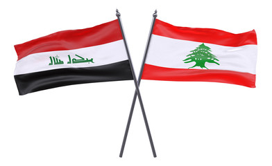 Iraq and Lebanon, two crossed flags isolated on white background. 3d image