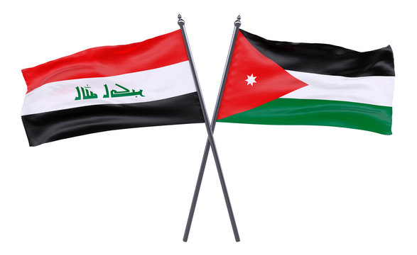 Iraq and Jordan, two crossed flags isolated on white background. 3d image
