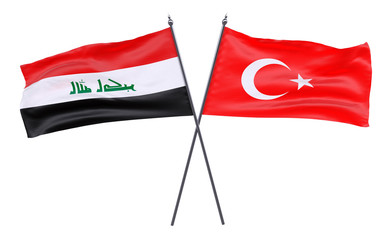 Iraq and Turkey, two crossed flags isolated on white background. 3d image