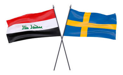 Iraq and Sweden, two crossed flags isolated on white background. 3d image