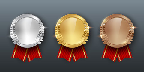 Award golden, silver and bronze medals with ribbons 3d realistic vector color illustration on gray background - obrazy, fototapety, plakaty