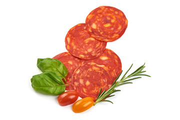 Sliced tasty chorizo sausage, close-up, isolated on white background