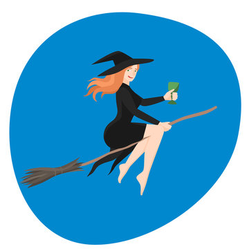 Pretty young witch flying on the broom. Pointy hat and black dress. Vector illustration