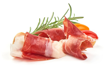 Thin Slices of jamon, dried ham, close-up, isolated on white background