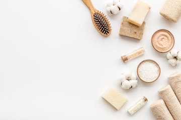 Eco-friendly cosmetics and zero waste set for spa on white background top view mock up