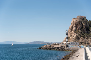  lighthouse and panorama of the port in Aguilas, Spain