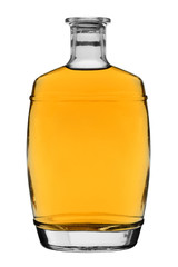 Glass bottle filled with brandy or whisky without stopper isolated on a white background