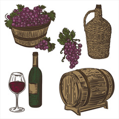 Illustration with barrel, grapes, jug, bottle and glass of wine and basket with grapes isolated on white background.
