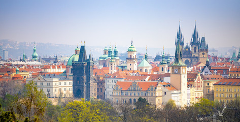 Panarama of Prague rooftops and skyline from Petrin hill, Prague, Czech Republic