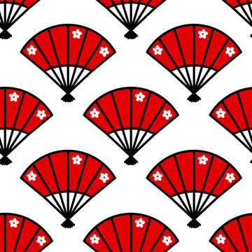 Red Japanese Fan Seamless Pattern. Vector Print Isolated On White Background