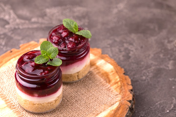 Cherry bisquit dessert with ricotta, mint. Yogurt cheesecake breakfast