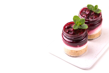Cherry bisquit dessert with ricotta, mint. Yogurt cheesecake breakfast
