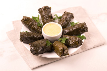Traditional georgian cuisine. Dolma in grape leaves