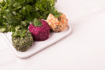 Pkhali with spinach, beets and parsley. Vegan and vegetarian salad