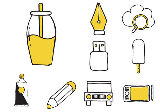 Set of varied equipment doodle icons