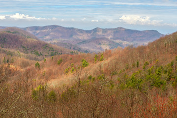 Scenic view of the Blue RIdge mountains from a viewpoint along the Blue Ridge Parkway between the towns of Buena Vista and Montebello, Virginia