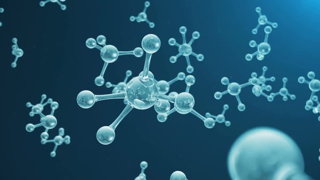 3D animation molecule structure. Scientific medical background with atoms and molecules. Blue background. Scientific animation for your banner, text. Molecule consists of atoms chemical element