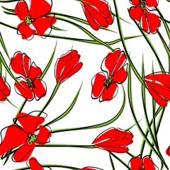 Seamless pattern with red poppy flowers and buds on white.